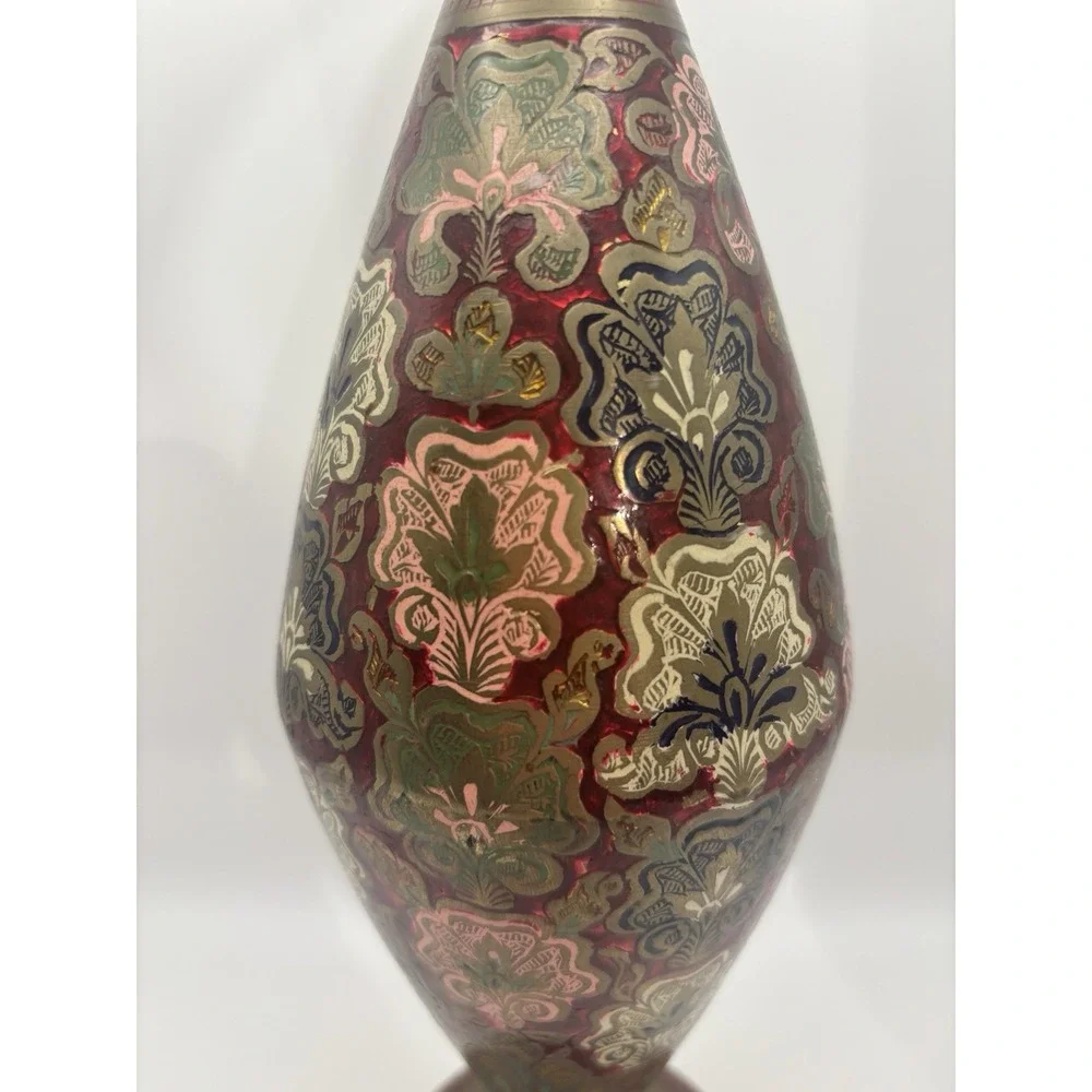 Vintage Indian Brass Vase Ornate Enameled Etched Floral Boho Red Green Gold